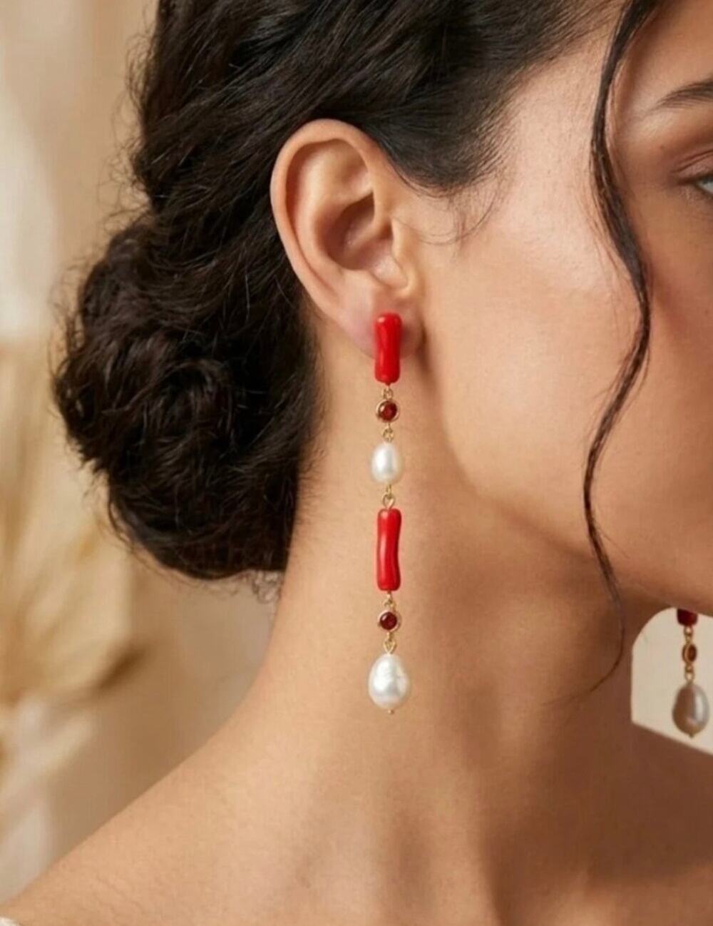 Tuckernuck Red Coral and Pearl Drop Earrings Gold Tone Linear Dangle